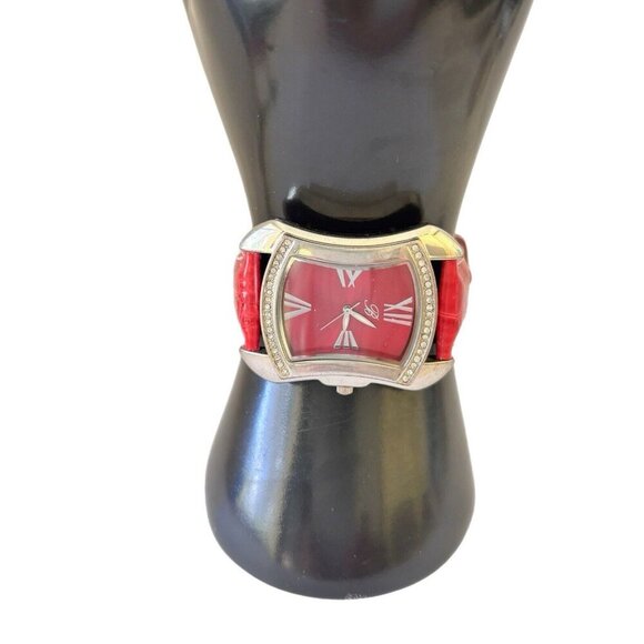 BURGI Rhinestone Stainless Red Croc Embossed Leather Quartz Wrist Watch BTV011B - Picture 1 of 7